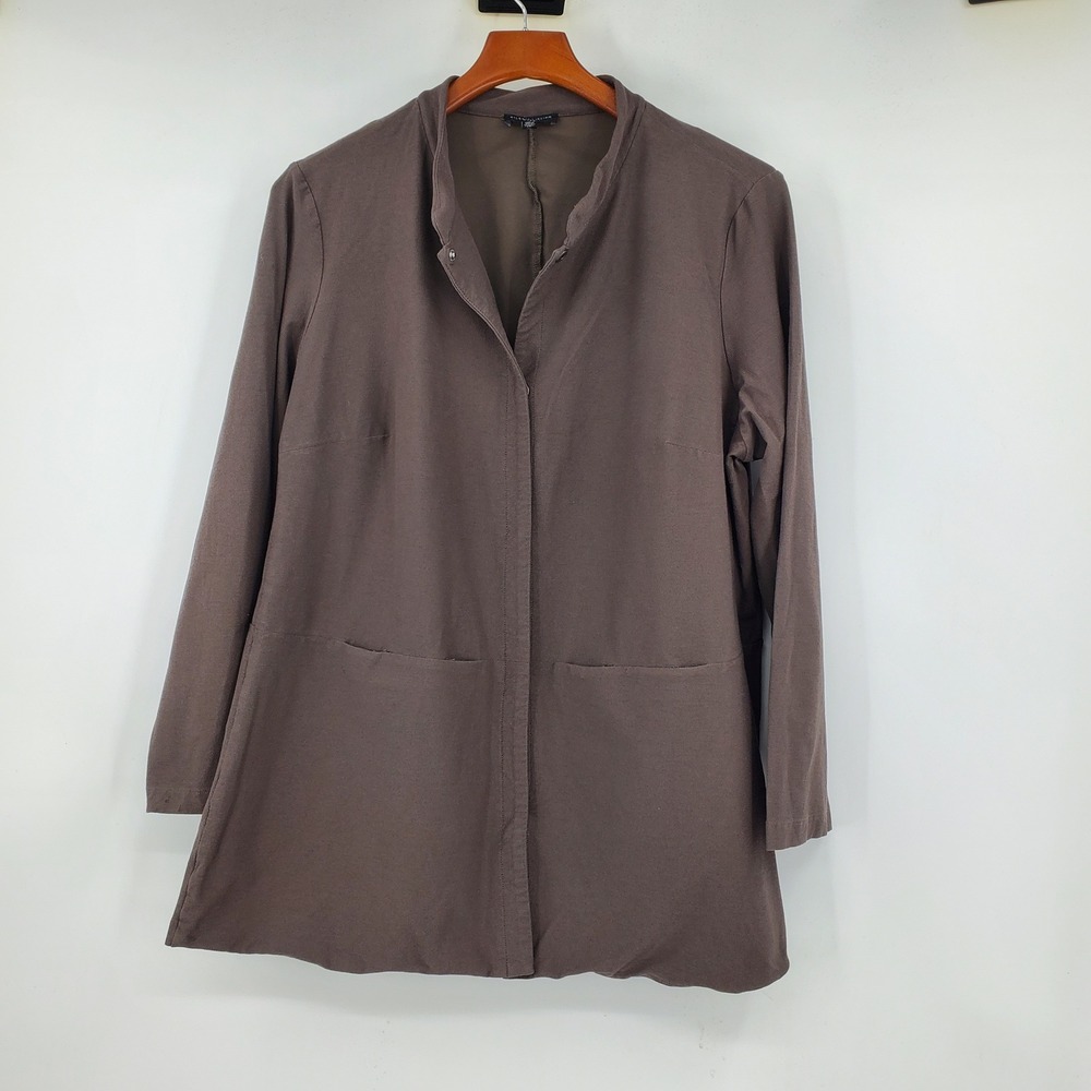 Eileen Fisher Brown Snap Front Mandarin Collar Stretch Crepe Jacket 1X Pockets